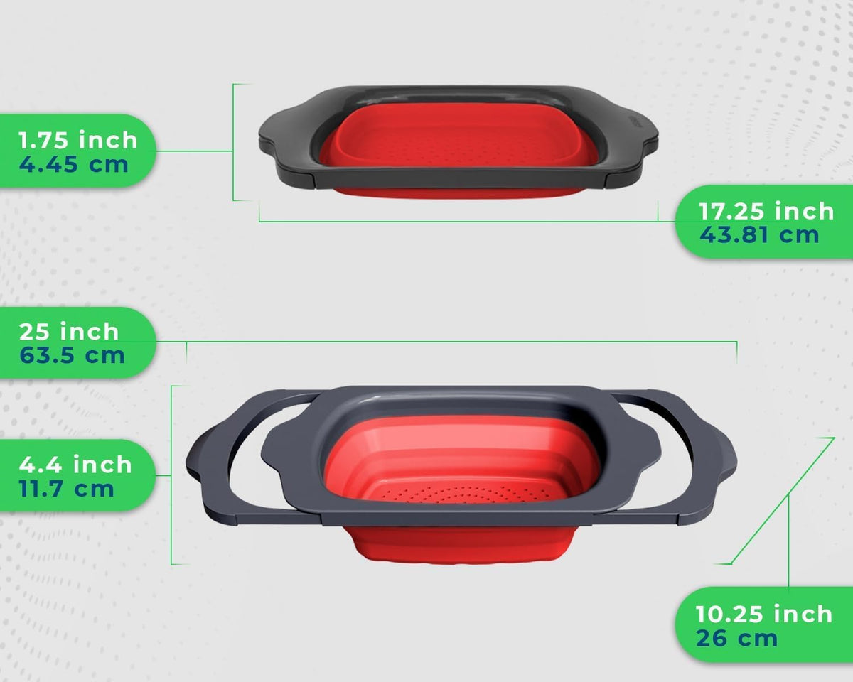 XL Large Kitchen Strainer by Comfify - Collapsible Silicone Over-The-Sink Colander with Extendable Handles - Use with Pasta, Fruit, Berries & Veggie - 6 Quart - Red