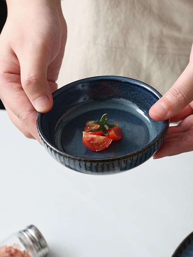 famiware Starlight Soy Sauce Dish Ceramic Dipping Bowls Set of 6, 3 oz Individual Dip Sauce Cups/Bowls/Dishes/Plates, Small Serving Bowl for Side Dishes, Dessert, Ice Cream, Condiment, Starry Blue