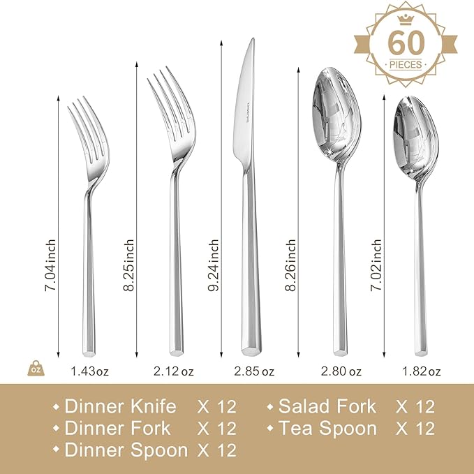 KINGSTONE 60-Piece Silverware Set, 18/10 Stainless Steel Flatware Cutlery Set with Hexagon Handle, for Hotel, Home, Party, Wedding Gift, Mirror Polish and Dishwasher Safe