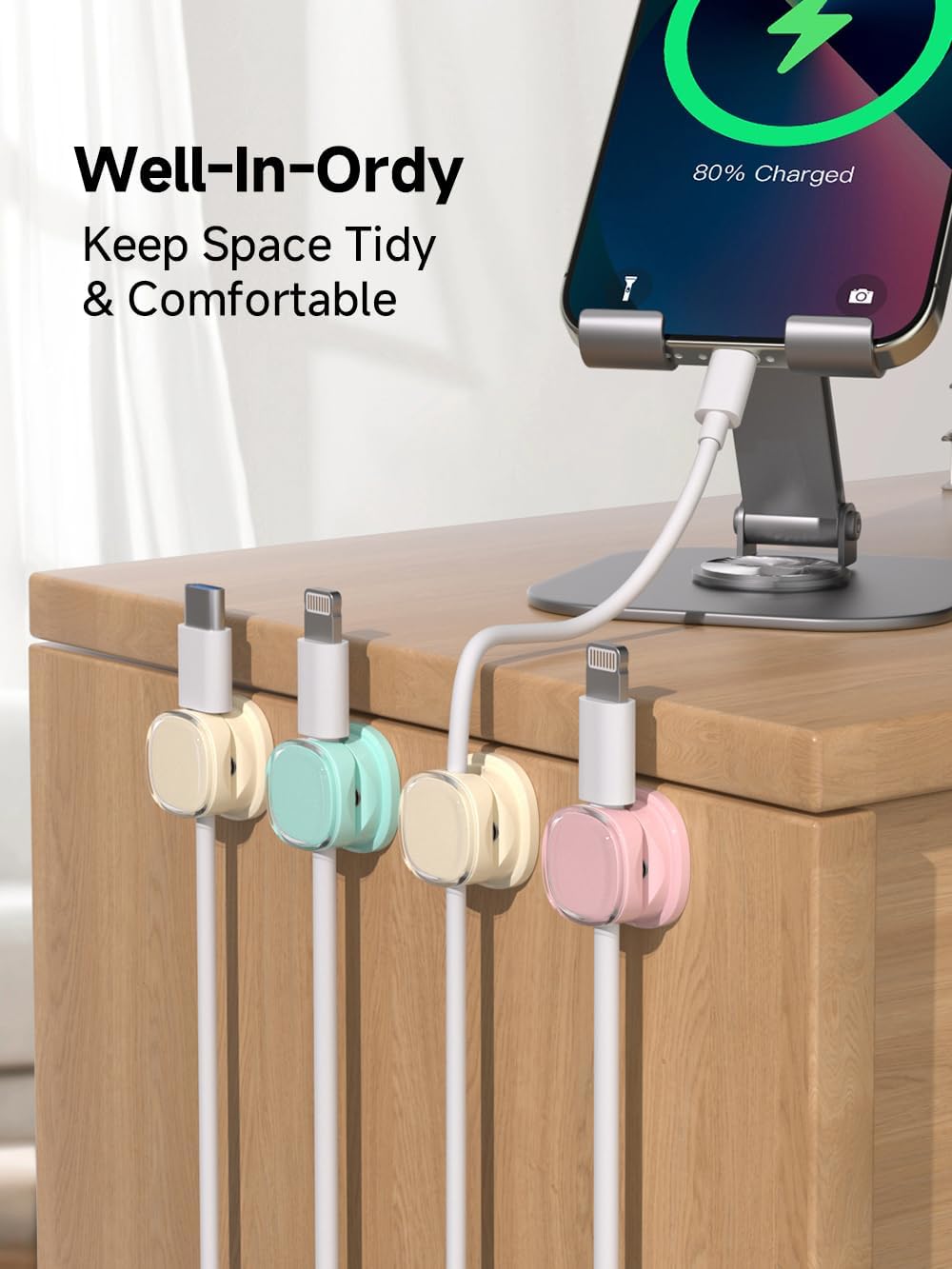 Magnetic Cable Clips, Adjustable Cord Holder Management, Adhesive Wire Keeper Organizer for Home Office Desk Phone PC Car Wall Desktop Nightstand Appliance (9-PCS Purple_Apricot_Cyan)