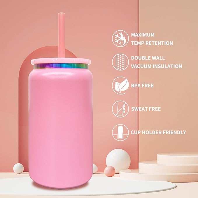 Glass Cups with Lids and Straws, 16 oz Stainless Steel Cups, Insulated Skinny Tumbler, Powder Coated Travel Mugs for Laser Engrave, Iced Coffee Cup for Smoothie Water DIY Gift (Pink,1 pack)