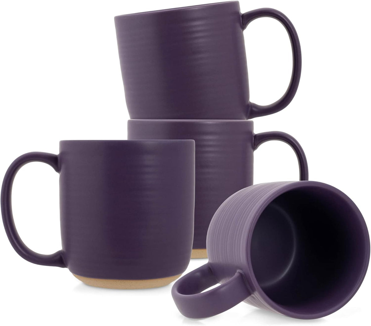 Elanze Designs Ribbed Ceramic Stoneware 16 ounce Raw Clay Bottom Coffee Mugs Set of 4, Purple