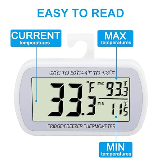 Waterproof Refrigerator Fridge Thermometer, Digital Freezer Room Thermometer, Max/Min Record Function Large LCD Screen and Magnetic Back for Kitchen, Home, Restaurants (1 Pack)