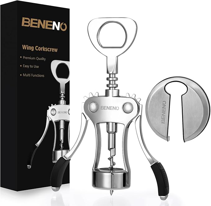 Beneno Wine Opener with Stainless Steel Wine Foil Cutter - Bottle Top Seal Cutter, Zinc Alloy Premium Wing Corkscrew with Multifunctional Bottles Opener, Upgrade