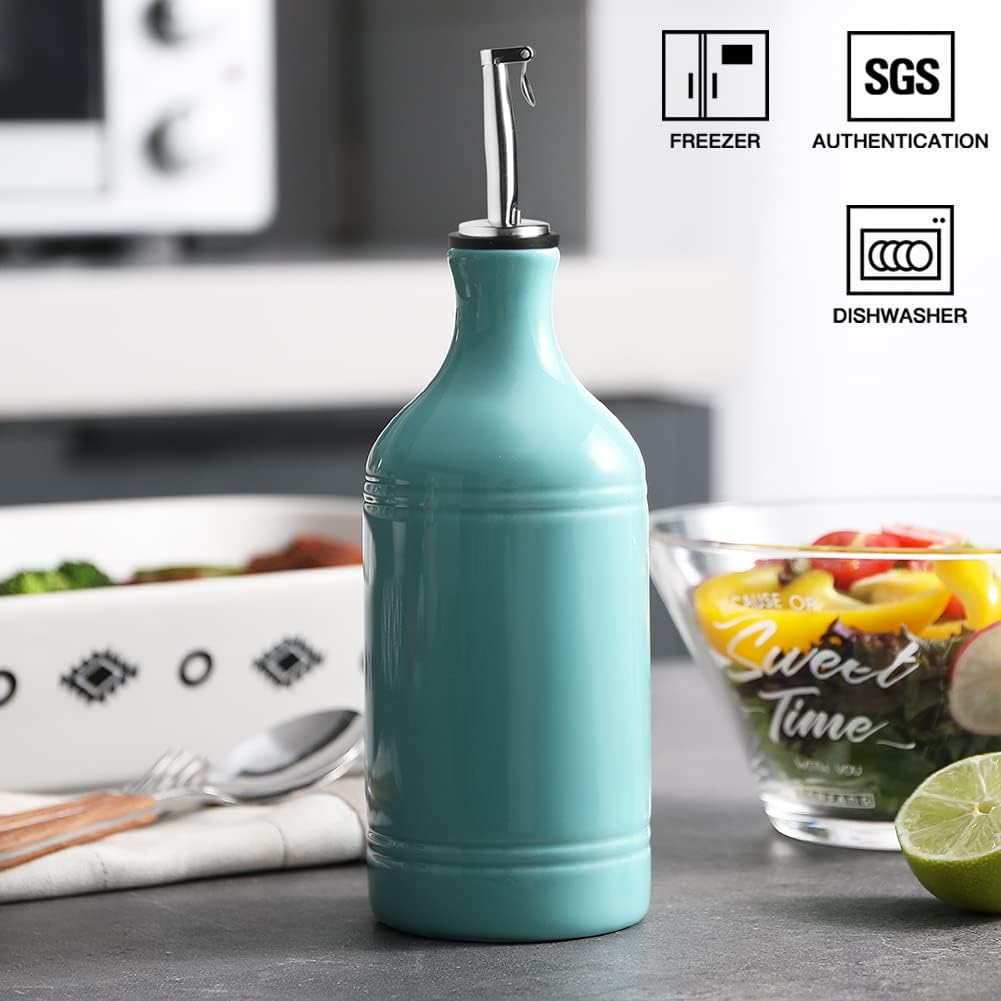 Sweejar Ceramic Olive Oil Dispenser Bottle, Opaque Oil Cruet Protects Oil to Reduce Oxidation, Suitable for Storage Oil, Vinegar, Coffee Syrups & Other Liquids, Pack of 1, 15.5 Fl Oz (Turquoise)