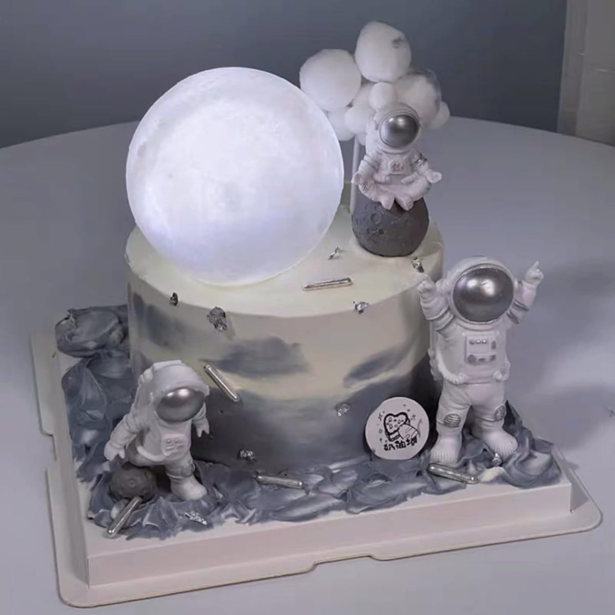 Cake Topper for Kids Astronaut Space Birthday Cake Decoration, 3D Soft Light Moon Outer Space Cake Topper for Party Supply, LED Moon Planet Birthday Cake Decoration