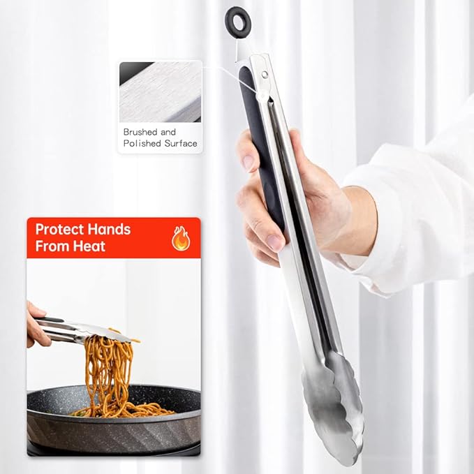 9 & 12 Inch Kitchen Tongs, Stainless Steel Metal Tongs Cooking Tongs, for Cooking Barbecue, BBQ Grilling, Buffet Serving (9"+12")