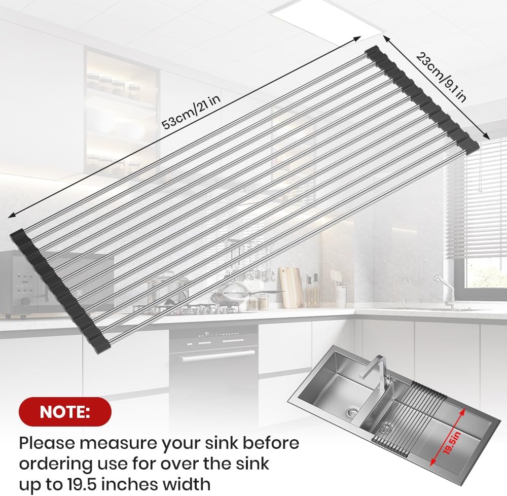 Roll Up Dish Drying Rack, Stainless Kitchen Accessories, Foldable Dish Rack, Anti-Slip Design Sink Counter Storage, Over The Sink Dish Rack, Stainless Steel, (21" x 9.1") Black