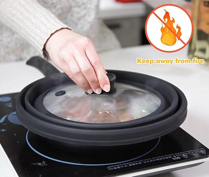 Microwave Splatter Cover Glass Guard Lid with Collapsible Silicone for Food Pot Plate 9.8 inch Black