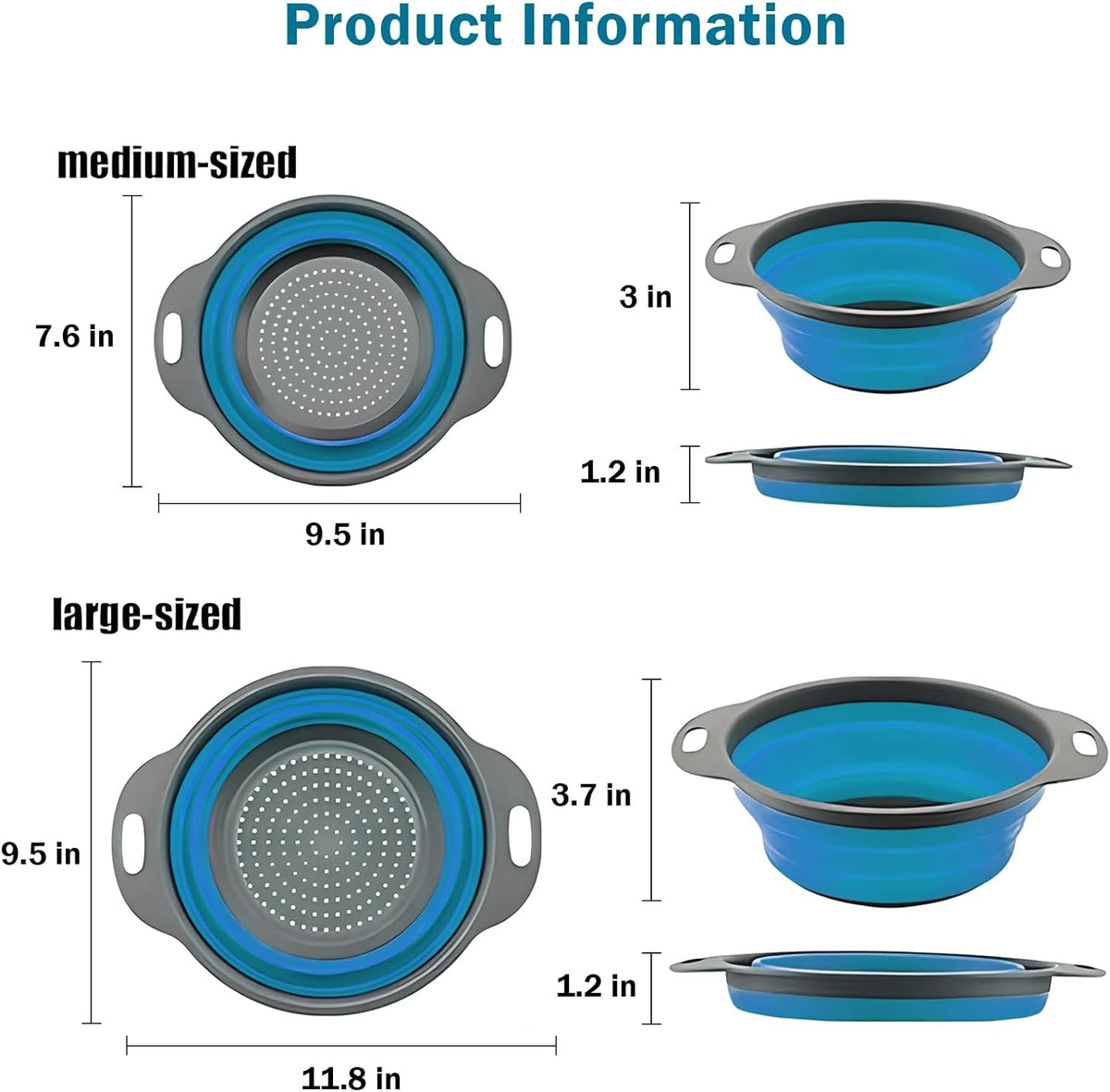 Collapsible Colander Set of 2 Silicone Kitchen Strainer Set, Perfect for Draining Pasta, Vegetable and fruit for Kitchen and Travel Use (Blue)