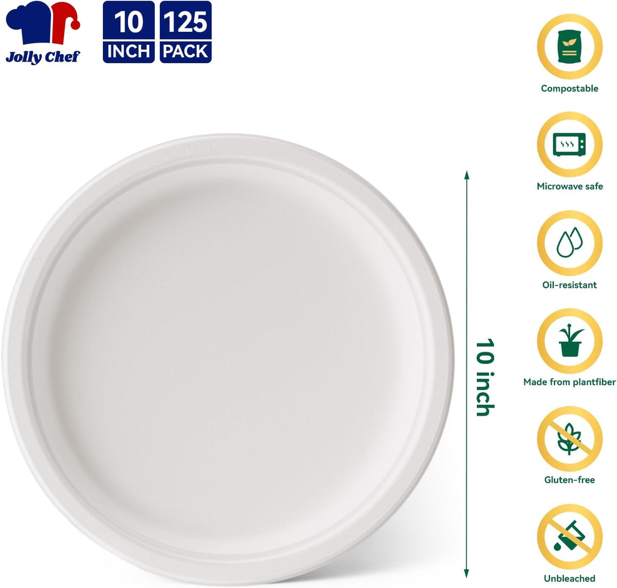 JOLLY CHEF Compostable Heavy Duty Plates 𝟭𝟬 𝗜𝗻𝗰𝗵 [𝟭𝟮𝟱 𝗣𝗮𝗰𝗸] Eco-Friendly Disposable White Paper Plates Made of Bagasse Biodegradable Bulk for Party Dinner Sugarcane Fibers Round 125 Count