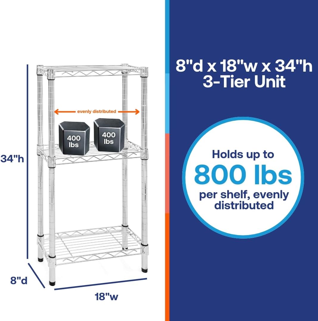 Shelving Inc. 8" d x 18" w Chrome Wire Shelving with 3 Tier Shelves, Weight Capacity 800lbs Per Shelf