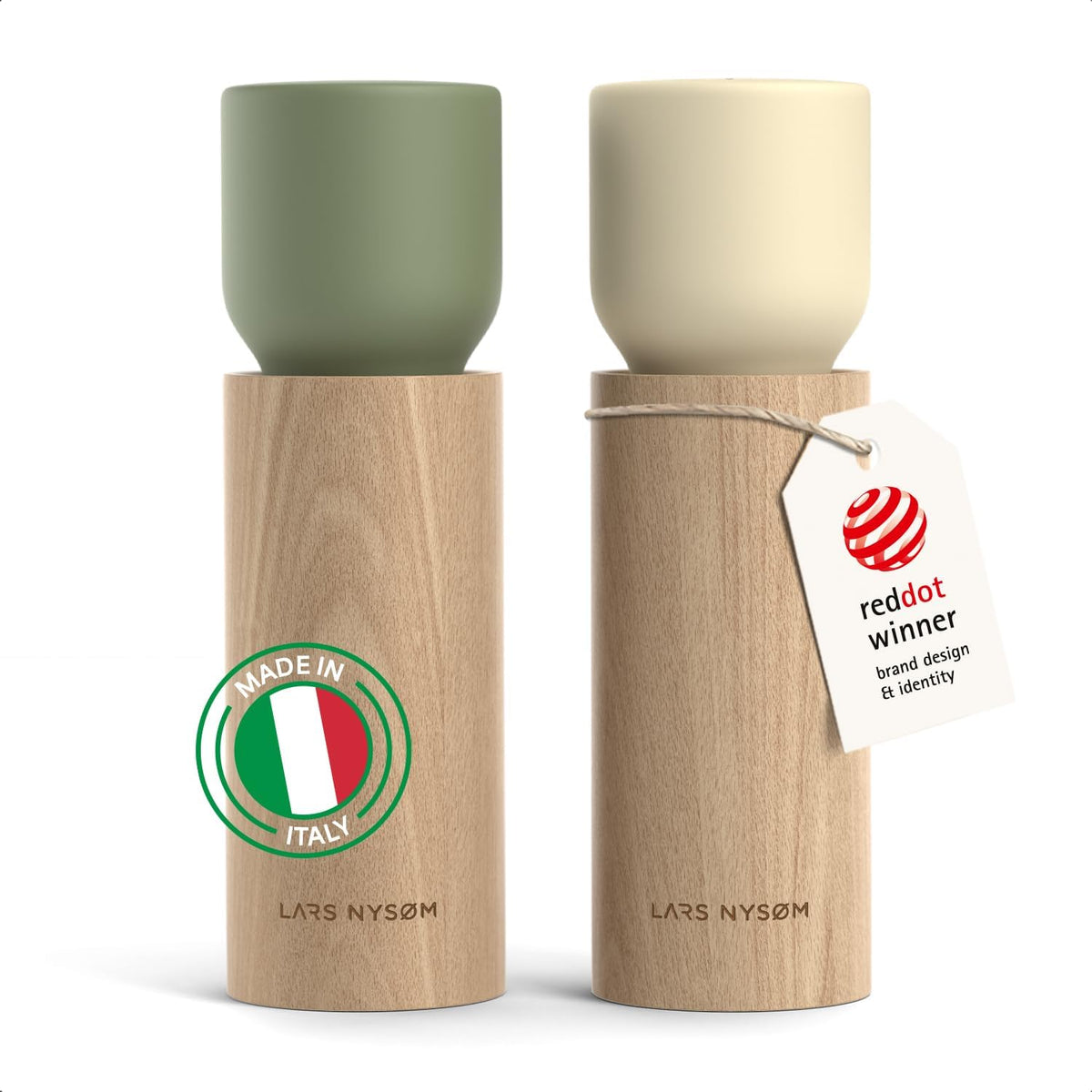 LARS NYSØM Wooden Salt and Pepper Grinder Set Manual - Salt and Pepper Mills with Adjustable Ceramic Grinder - Elegant Beechwood Pepper and Salt Mill Set for Dining Table (Green/Beige)