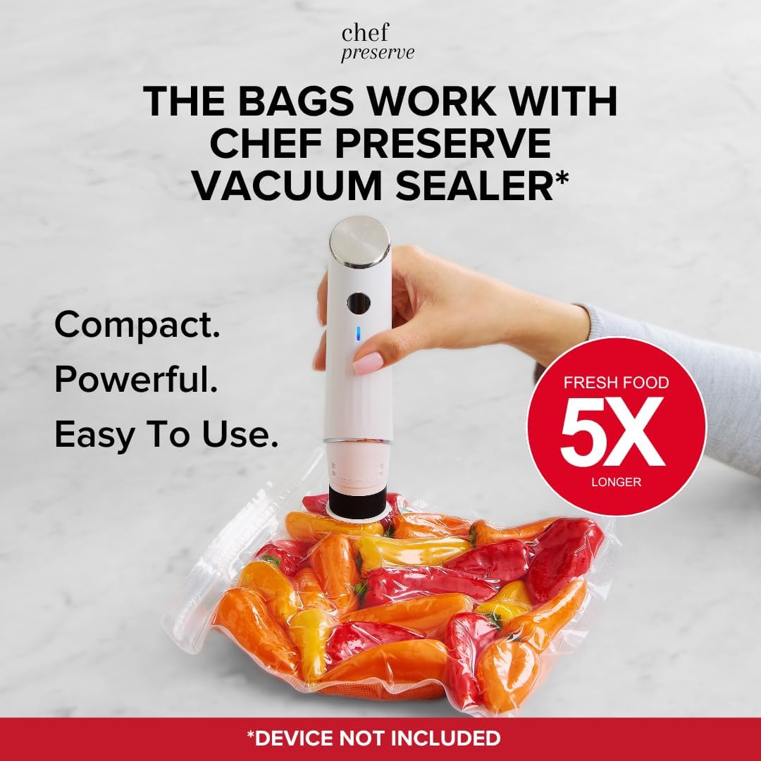 Chef Preserve Reusable Vacuum Sealer Bags for Food – 30 BPA-Free Medium (10 x 11 in) Food Storage Bags, Freezer, Microwave – Odor-Resistant, Leak-Proof – Compatible with Chef Preserve Vacuum Sealers