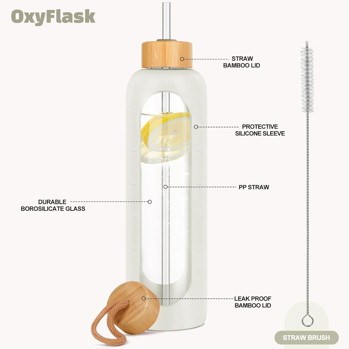 Glass Water Bottles 32 oz - Motivational Drinking Glass Water Bottle with Silicone Sleeve, Straw & 2 Bamboo Lids - 1 Liter Clear Borosilicate Daily Intake Tumbler with Time Marker - Cream