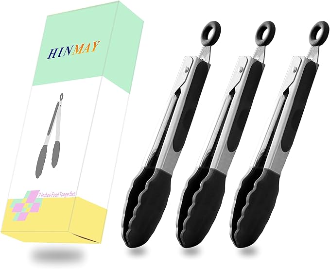 Mini Tongs with Silicone Tips 7-Inch Kitchen Tongs, Set of 3 (Black)