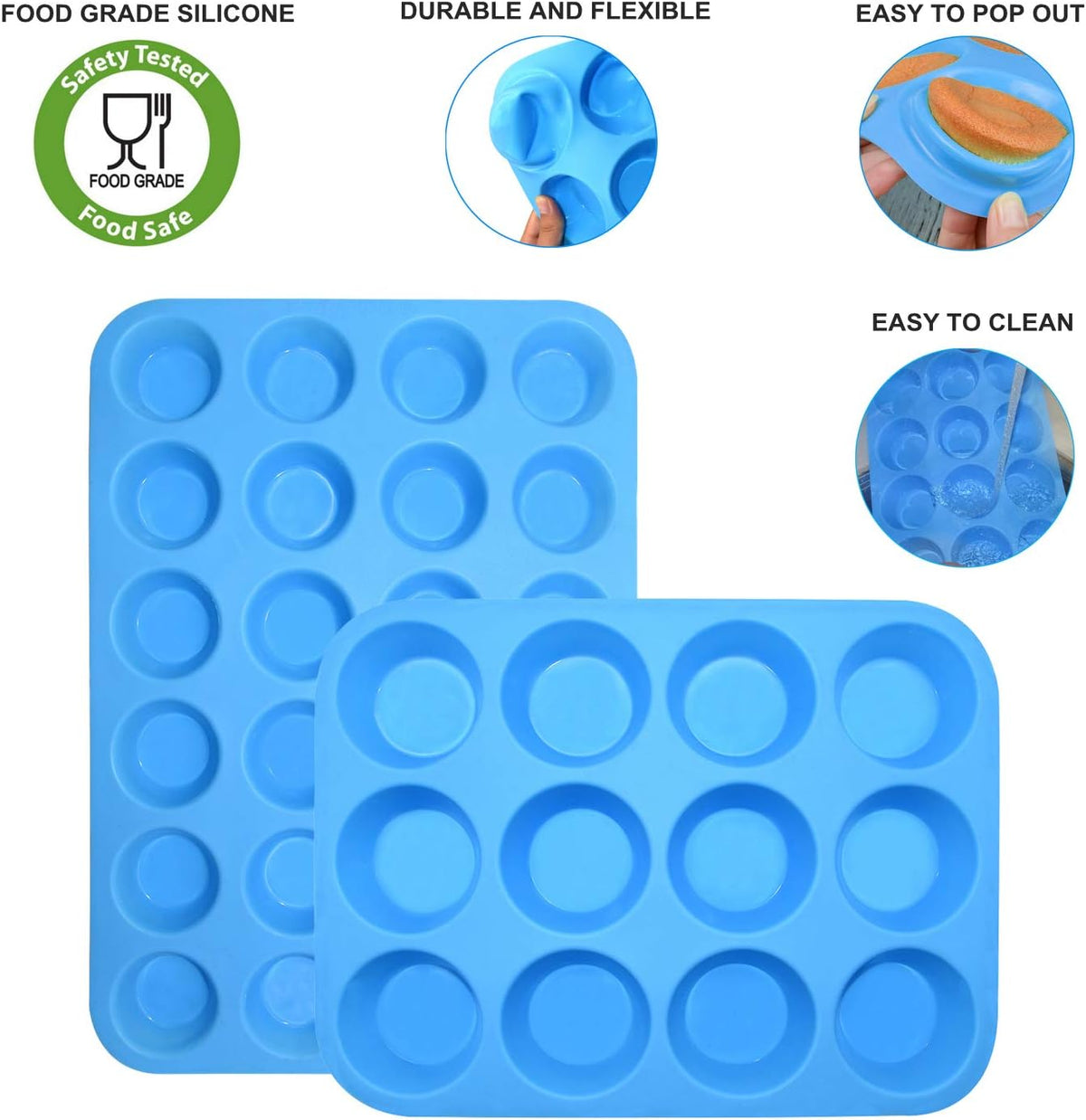 Silicone Muffin Pan Cupcake Set – Non-Stick 12 Cups and Mini 24 Cups,Silicone Baking Molds,BPA Free Muffin Tin with 1 Silicone Spatula & 1 Oil Brush (blue)