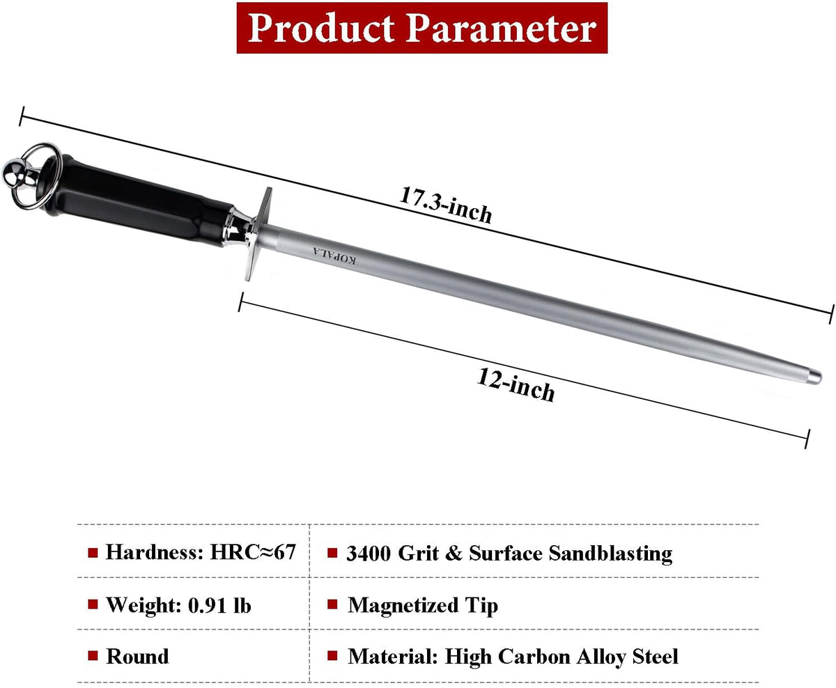 Sharpening Steel Knife Sharpener Rod Round 12 Inches Honing Steel for Knives Dark
