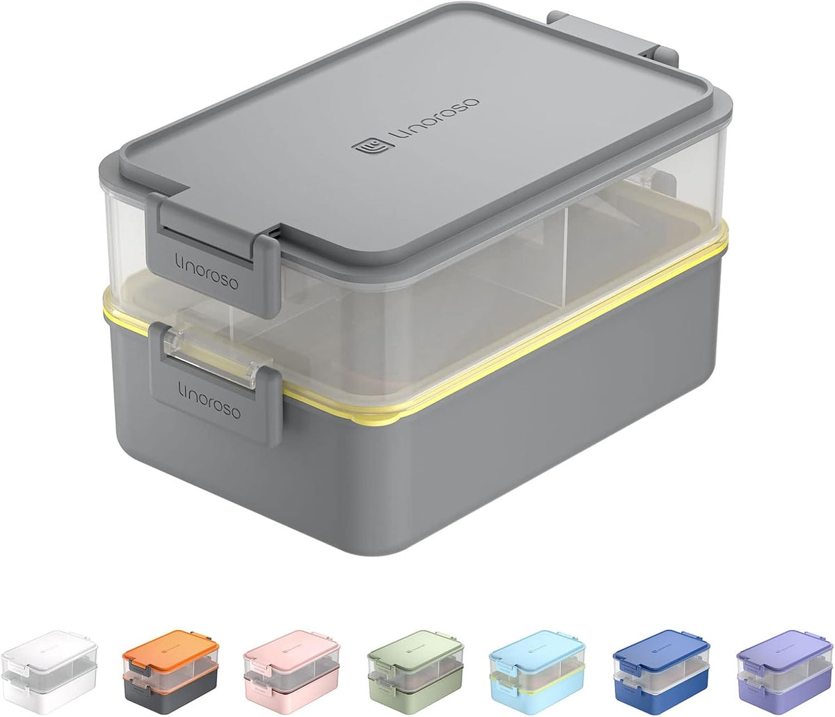 linoroso Stackable Bento Box Adult Lunch Box | Meet All You On-the-Go Needs for Food, Salad and Snack, Premium Bento Lunch Box for Adults Include Utensil Set, Dressing Containers - Ultimate Gray