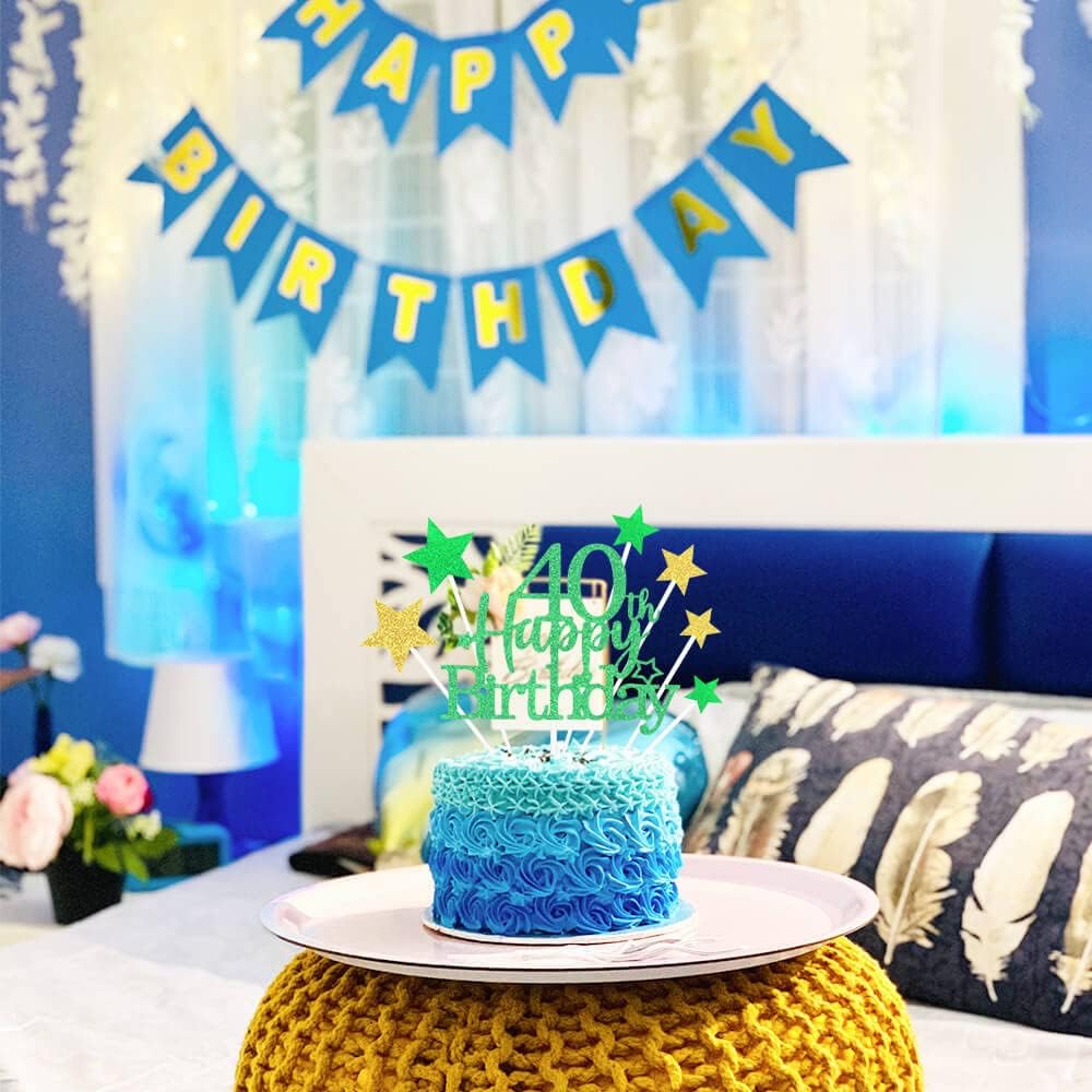 Glittery 40th Happy Birthday Cake Topper with Star,Personalised 40 Birthday Cake Toppers Party Decorations Party Supplies for Boys Girls Green Gold