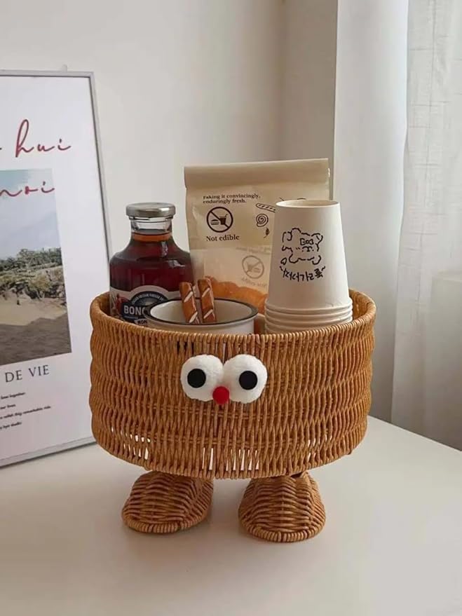 hand-woven round rattan basket storage basket storage box ornaments decorative basket multifunctional picnic food bread basket fruit gift basket key basket. (cartoon)