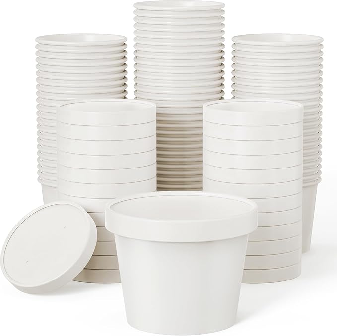 JOLLY PARTY 50pack 12oz Paper Soup Containers with Lids, Disposable Paper Food Cups, Ice Cream Cups, Food Storage with Lids, Microwavable and Freezer Safe, Suitable for Christmas Thanksgiving(White)