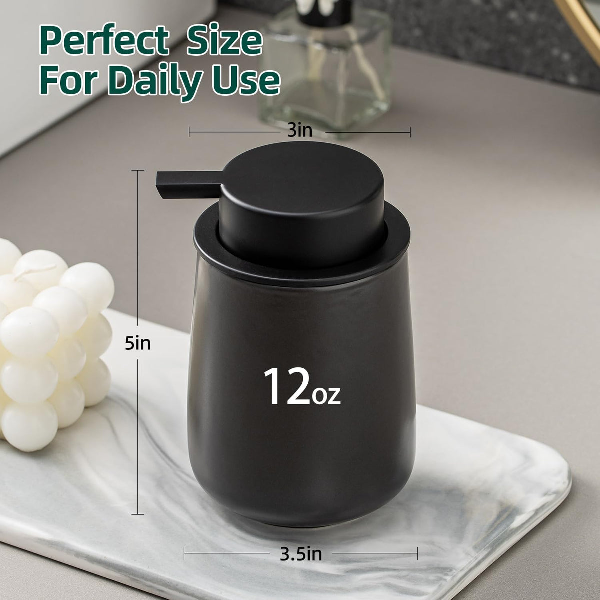 Black Foaming Soap Dispenser - Modern Ceramic Foam Hand Soap Dispenser Bathroom, 12 Oz Facial Cleanser Dispenser Bottle with Foam Pump, Refillable Wash Dish Dispenser for Kitchen