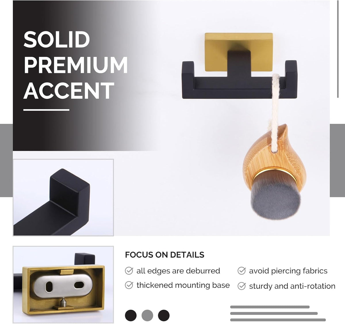 Angle Simple Towel Hook Black & Gold 2 PCS, Stainless Steel Double Hook for Bathroom, Square Robe Hook, Hand Towel Holder for Wall
