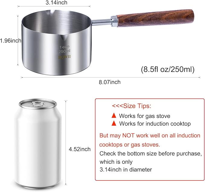 stainless steel mini pot - butter warmer, 8.5fl oz (250ml) coffee/milk warmer, mini sauce pan for coffee, ideal for seafood butter warmers,melting pot With dual spouts and wooden handle