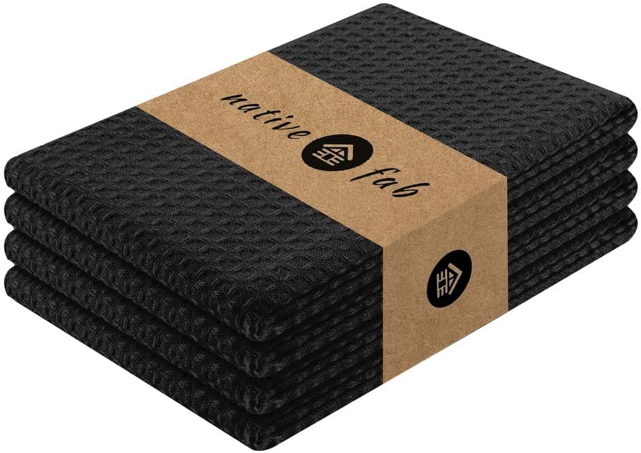 Native Fab Cotton Kitchen Towel with Hanging Loop 16x26 inches, 4-Pack, Waffle Weave Kitchen Towels for Cleaning Drying, Washcloths Soft & Absorbent Cloth Rags, Bar Towel, Dish Cloth, Black