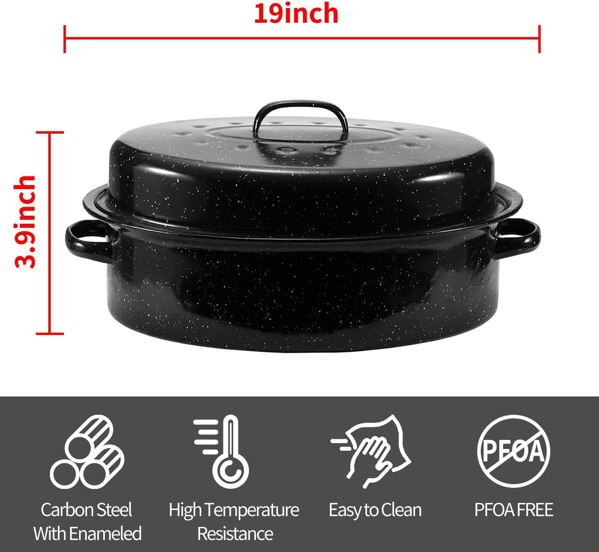 Granite Roaster Pan, 19” Enameled Roasting Pan with Domed Lid. Oval Turkey Roaster Pot, Broiler Pan Great for Turkey, Chicken, Lamb, Vegetable. Dishwasher Safe Cookware Fit for 20Lb Turkey by Kendane