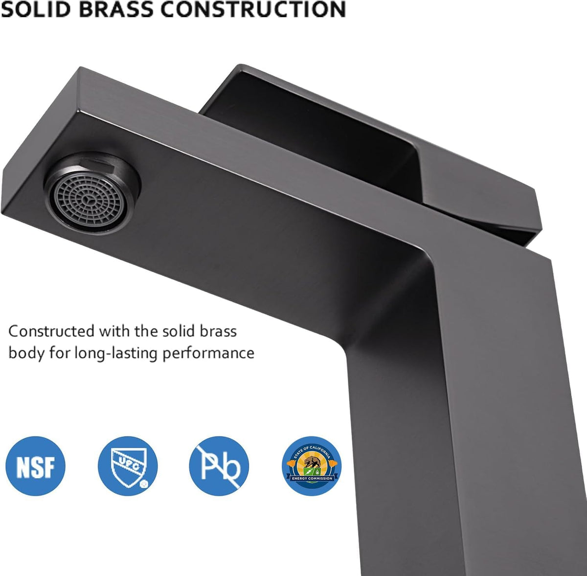 Solid Brass Brushed Grey 1 Hole Bathroom Faucet, cUPC & CEC Certified Single Hole Faucet for Bathroom Sink with Water Supply Hoses & Pop Up Drain Stopper