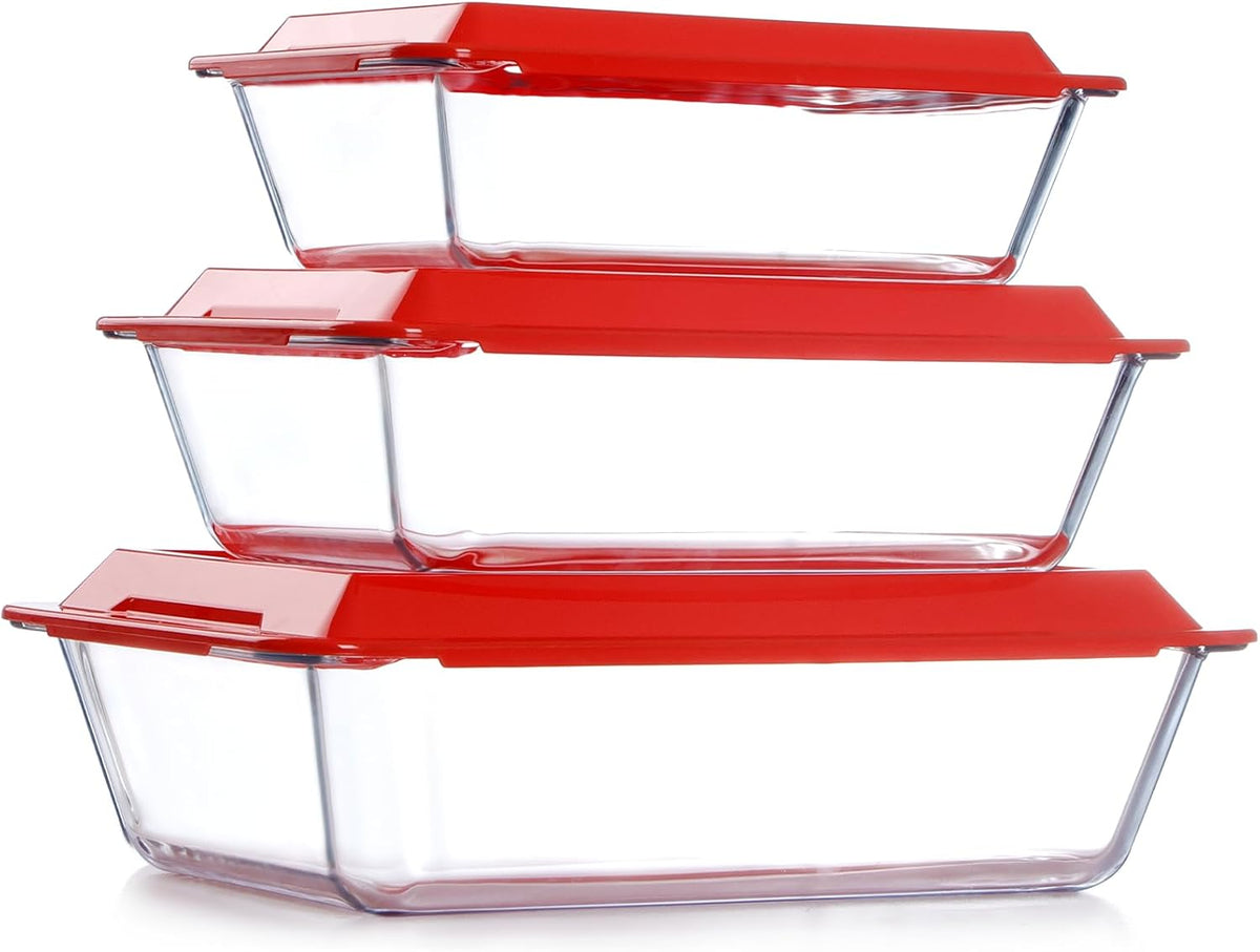 NUTRIUPS 6-Piece Deep Glass Baking Dish with Plastic Lids, 2.4+3.7+5.7Qt Deep Baking Pans for Lasagna Leftovers, Rectangular Glass Bakeware for Oven