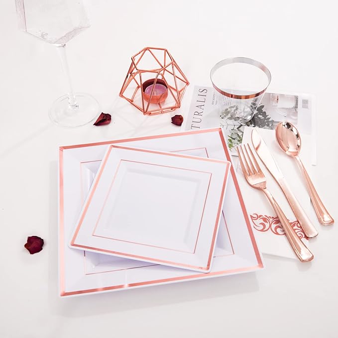 WDF 300 Pieces Rose Gold Plastic Silverware- Disposable Flatware Set - Heavy Duty Plastic Cutlery Includes 100 Forks, 100 Spoons, 100 Knives Perfect for Wedding, Party