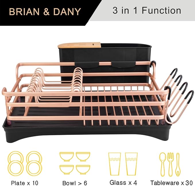 BRIAN & DANY Aluminum Dish Drying Rack, Dish Racks for Kitchen Counter, Dish Drainer with Removable Cutlery Holder & Cup Holder, Unique 360° Swivel Spout Drainboard, 16.5" L x 11.8" W, Golden