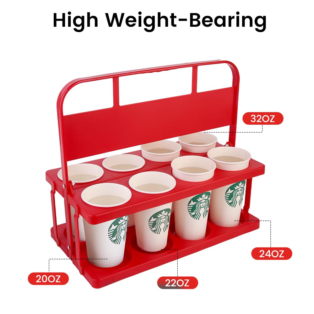 Bodaon 8 Cup Drink Carrier with Handle, Plastic Cup Carriers for Drinks, Drink Holder for Car, GrubHub/Eats Doordash Accessories, Portable Foldable Reusable Mobile, Use for Food Delivery Bag, Red