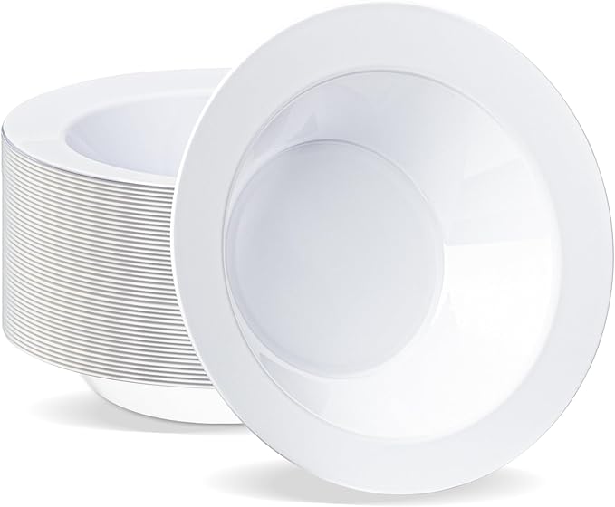 BESTVIP 50Pcs Plastic White Bowls, 12 Oz Disposable Bowls Disposable Bowls for Parties, Wedding, Christmas, Thanksgiving, Soak Proof Bowls for Breakfast, Lunch, and Dinner Meals