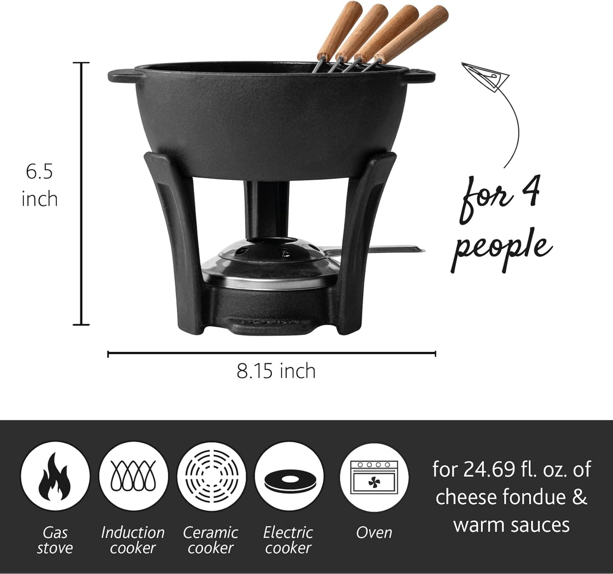 BOSKA Fondue Pot Set Party Pro - Cast Iron Fondue Set - Durable Fondue Pot inc. Burner and 4 Forks - for All Type of Stoves - Cheese Fondue Melts smoothly Every time