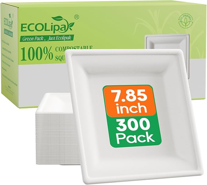 ECOLipak 7.85 Inch Compostable Square Paper Plates, 300 Count Heavy Duty Paper Plates, Eco Friendly Disposable Sugarcane for Party, Daily