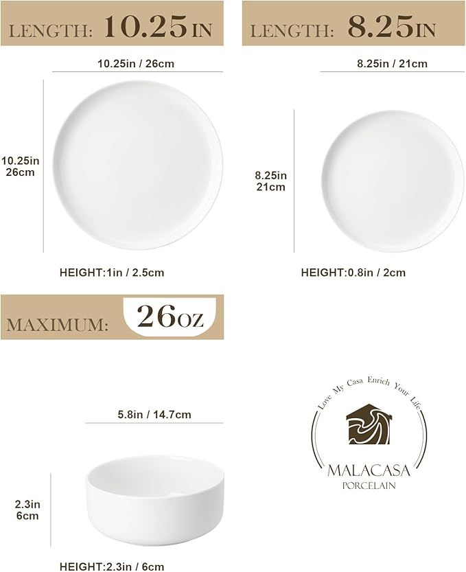 MALACASA Plates and Bowls Sets, 24 Pieces Modern Porcelain Dinnerware Set for 8, Ceramic Dishware Dishes White Kitchen Dinner Dining Ware Set, Microwave and Dishwasher Safe, Series LUNA