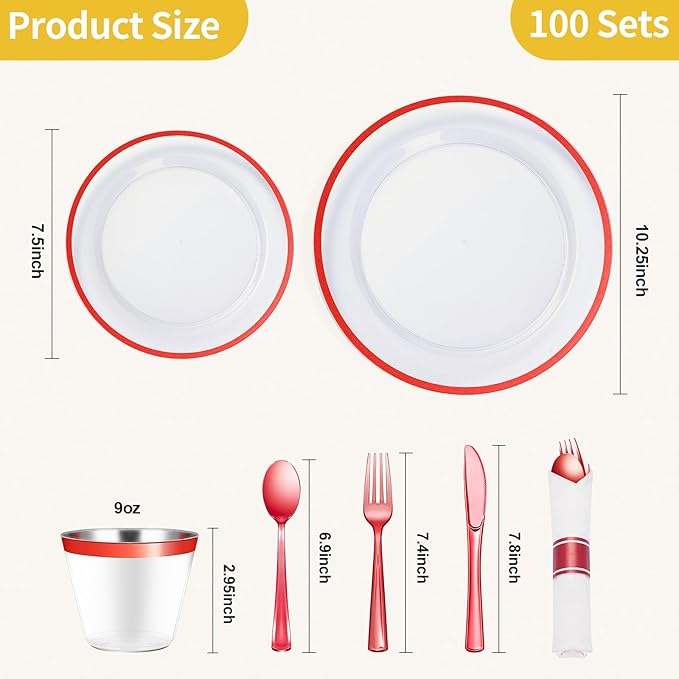 Goodluck 700 Piece Red Plastic Dinnerware Set for Party, Clear Disposable Plates for 100 Guests, Include: 100 Dinner Plates, 100 Dessert Plates, 100 Pre Rolled Napkins with Cutlery Set, 100 Cups