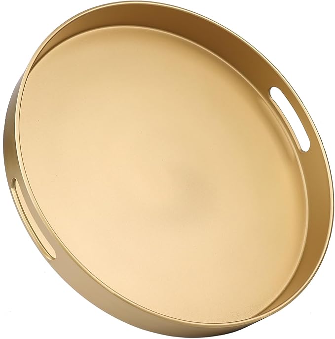 Round Gold Decorative Serving Tray with Handles, 13” Versatile Ottoman Tray for Coffee Table, Entertaining, Outdoor Patio, Living Room