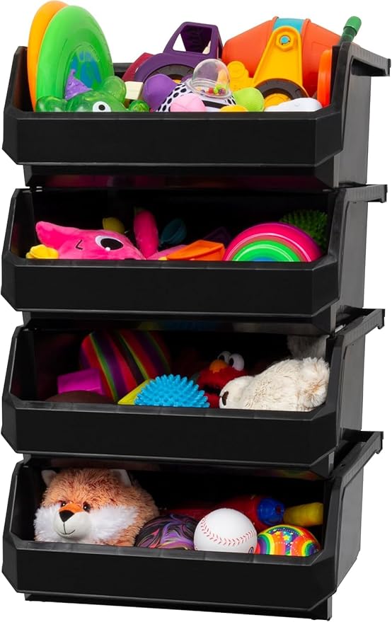Plastic Containers for Organizing and Storage Bins for Closet, Kitchen, Office, Garage or Pantry Organization, Stackable Bins, Extra Large (14.8" x 16.5" x 7"), 4-Pack, Black