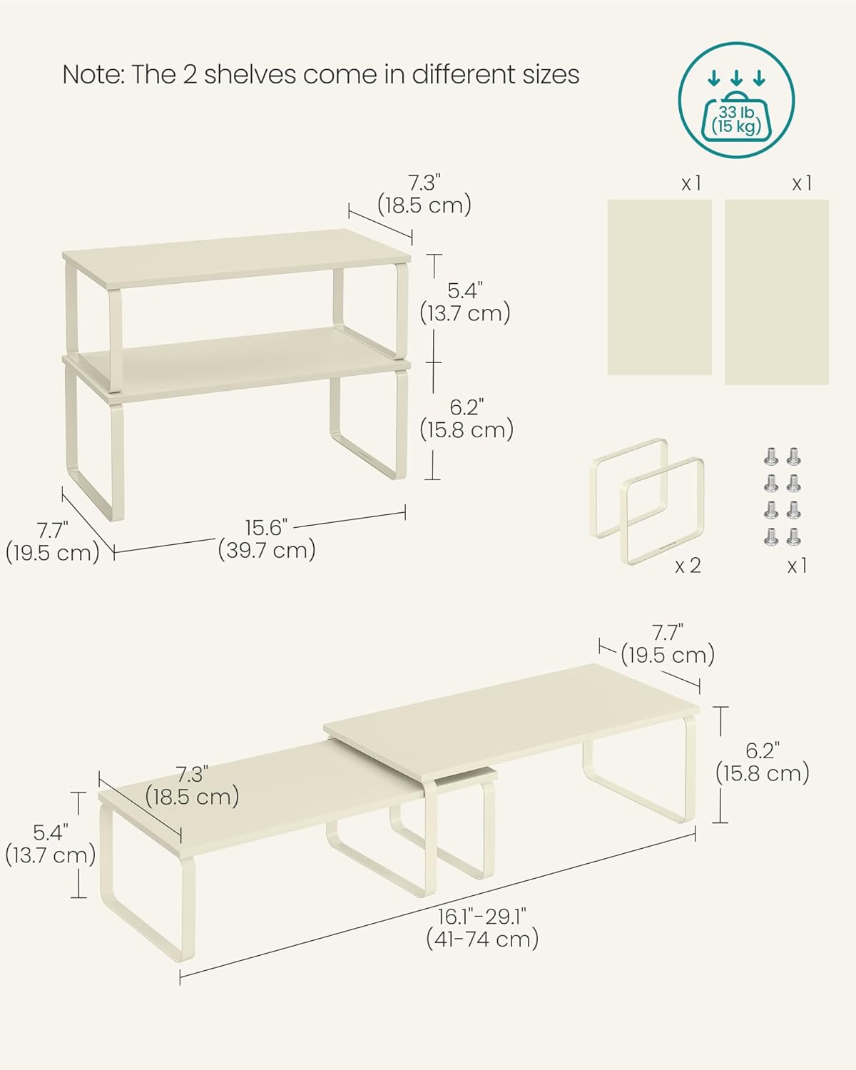 SONGMICS Cabinet Organizer Shelf, Set of 2 Kitchen Counter Shelves, Kitchen Storage, Spice Rack, Stackable, Expandable, Metal and Engineered Wood, Cream White UKCS200W02