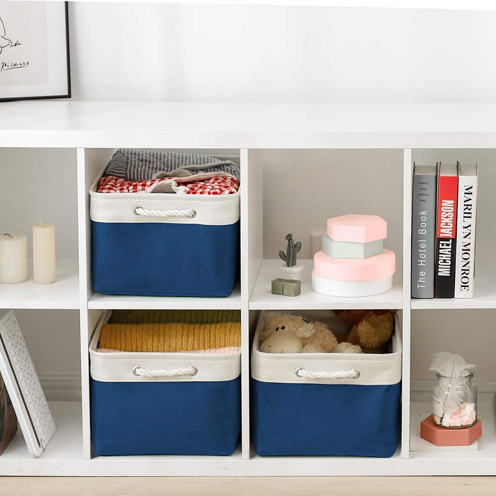 TheWarmHome Organization and Storage Basket for Organizing - X Large 3 Pack 17.7L×13.8W×9.8H in Collapsible Storage Bin for Shelves, Basket for Gifts Empty Toys Organizer Gift (White & Jean Blus)
