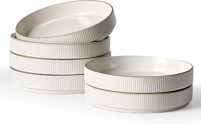 famiware Star 8.25" Pasta Bowls, Large Dinner Bowls Set of 6, Salad Bowl Plates, Shallow Bowls for Eating, White