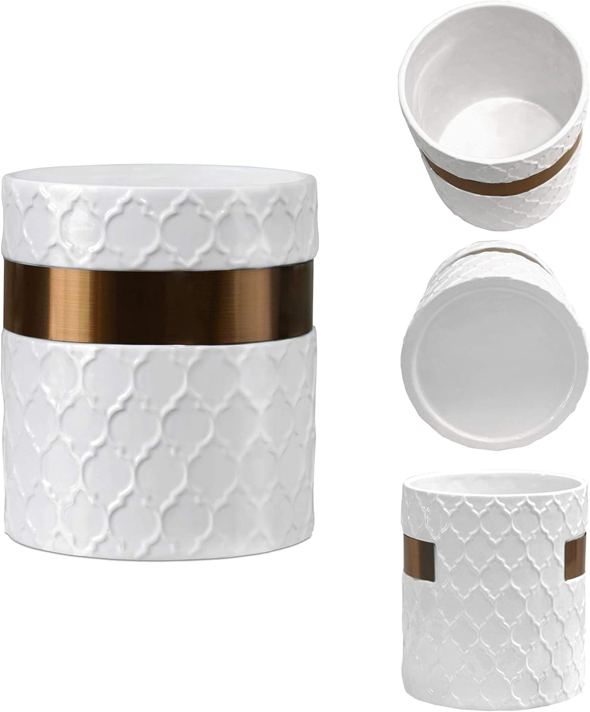 Home Acre Designs Kitchen Utensil Holder - Large Ceramic Farmhouse Countertop Crock, White/Copper