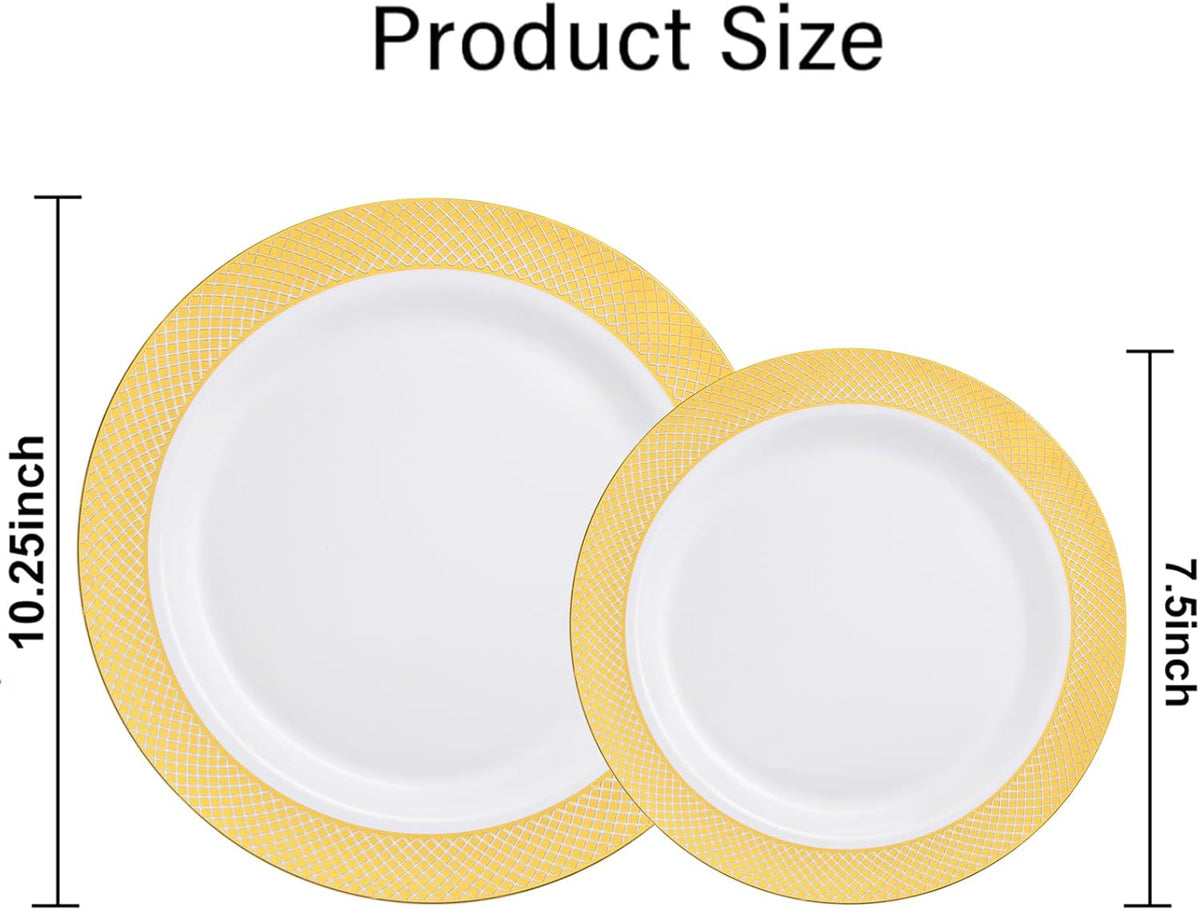 I00000 102 Pcs Gold Plastic Plates, Disposable Party Plates Include 51 Gold Dinner Plate 10.25’’ and 51 Disposable Dessert Plate 7.5’’ Perfect for Party & Wedding