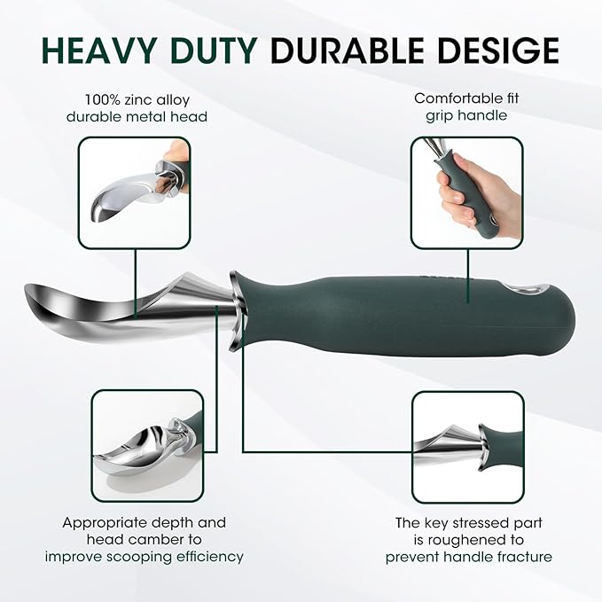 Beneno Heavy Duty Ice Cream Scoop - Upgraded Anti-Fracture Design, Comfortable Grip Long Handle, Effortless Scooping & Dishwasher Safe, Green