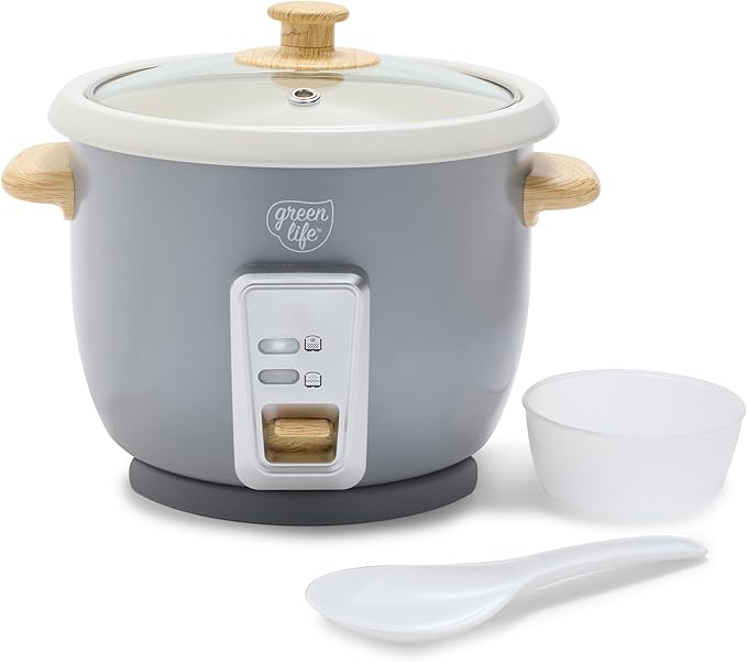 GreenLife Rice Cooker with Removable PFAS-Free Ceramic Nonstick Pot, 3-Cups Uncooked/6-Cups Cooked, Grains & Oatmeal Multicooker, Compact One-Switch Design, Auto Keep Warm, Easy Clean, Gray
